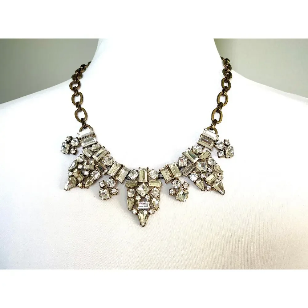 Vintage J. Crew Gold Tone Crystal Cluster Statement Necklace EUC